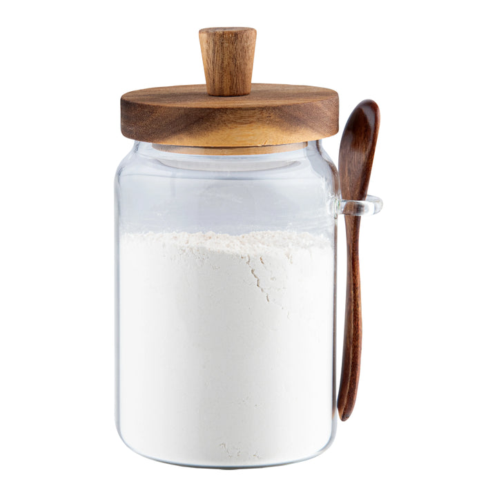 Restaurantware 29oz Glass Vetri Storage Jar, 3.25X3.25X7.5In, With Acacia Lid & Spoon - Restaurant Equipment and Smallwares - Canadian Distribution - Ships Free Within Canada on Orders Above CAD $199