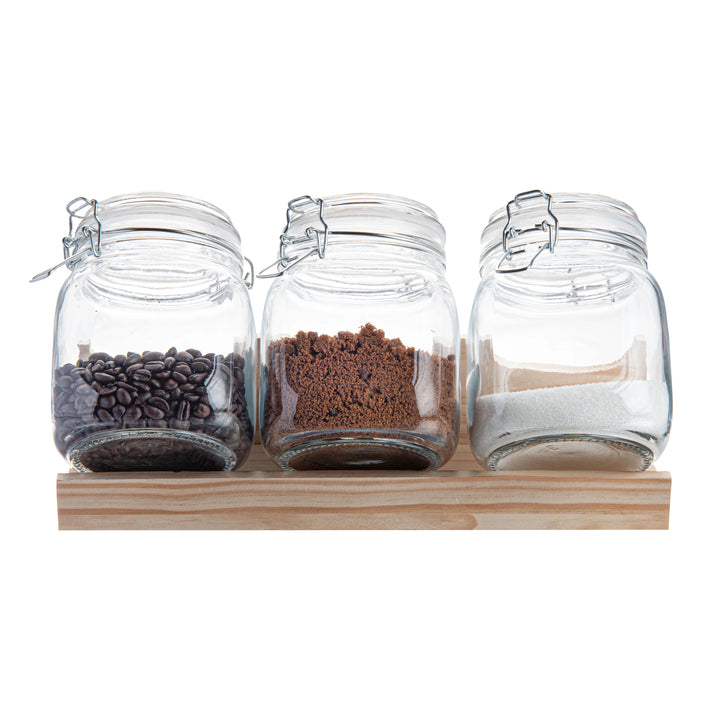 Restaurantware 3-Piece Glass Vetri Storage Jar Set, With Wood Holder - Restaurant Equipment and Smallwares - Canadian Distribution - Ships Free Within Canada on Orders Above CAD $199