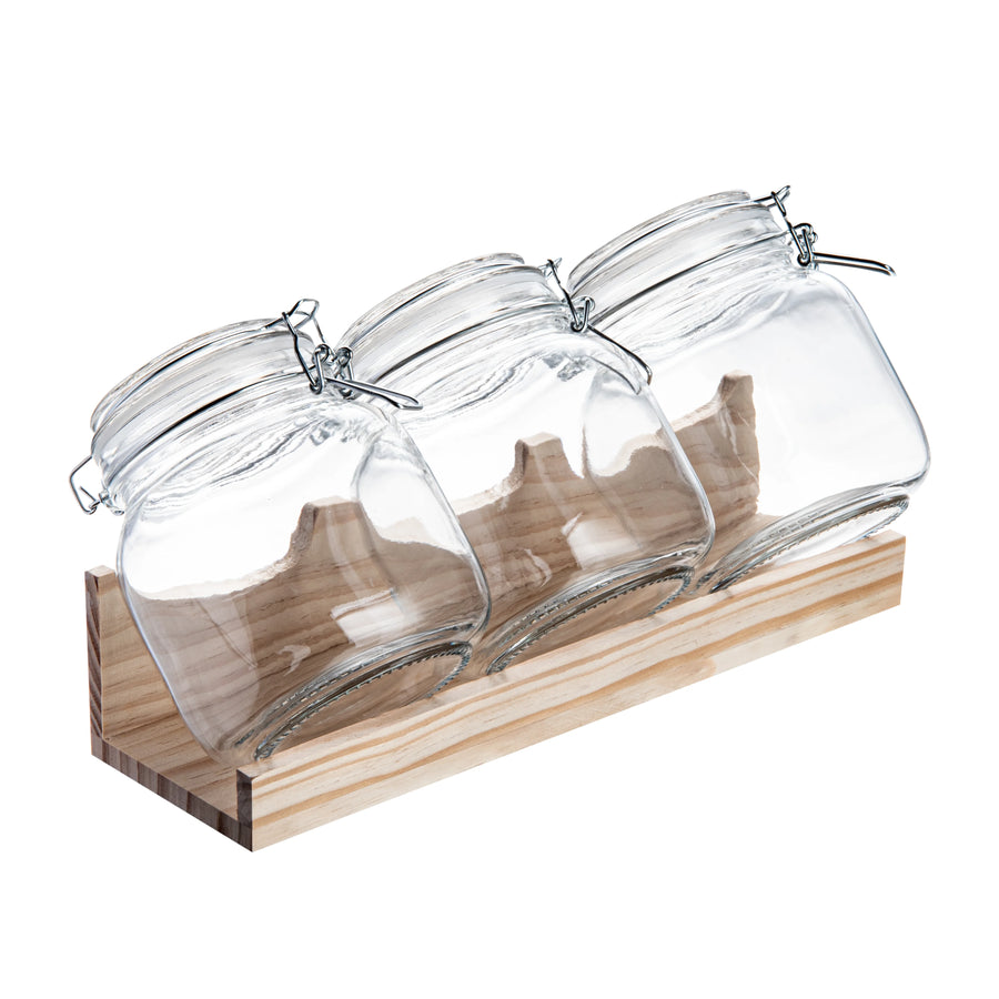 Restaurantware 3-Piece Glass Vetri Storage Jar Set, With Wood Holder - Restaurant Equipment and Smallwares - Canadian Distribution