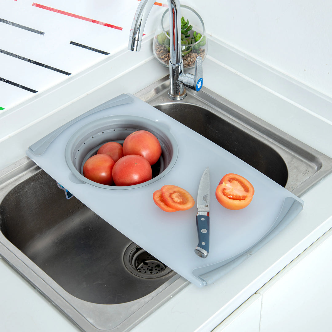 Restaurantware Rw Base Over-The-Sink Gray Plastic Cutting Board, 19.75X11.25In, With Collapsible Strainer - Restaurant Equipment and Smallwares - Canadian Distribution - Ships Free Within Canada on Orders Above CAD $199