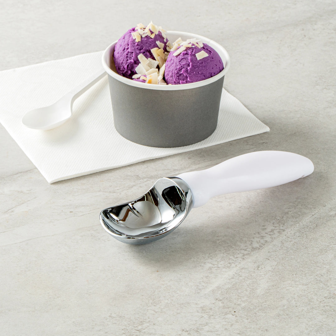 Restaurantware Comfy Grip Ice Cream Scoop, Zinc, White, 7.75 x 2 x 1.75In - Restaurant Equipment and Smallwares - Canadian Distribution - Ships Free Within Canada on Orders Above CAD $199