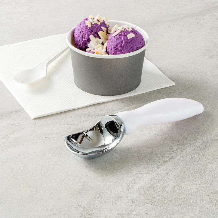 Restaurantware Comfy Grip Ice Cream Scoop, Zinc, White, 7.75 x 2 x 1.75In - Restaurant Equipment and Smallwares - Canadian Distribution - Ships Free Within Canada on Orders Above CAD $199