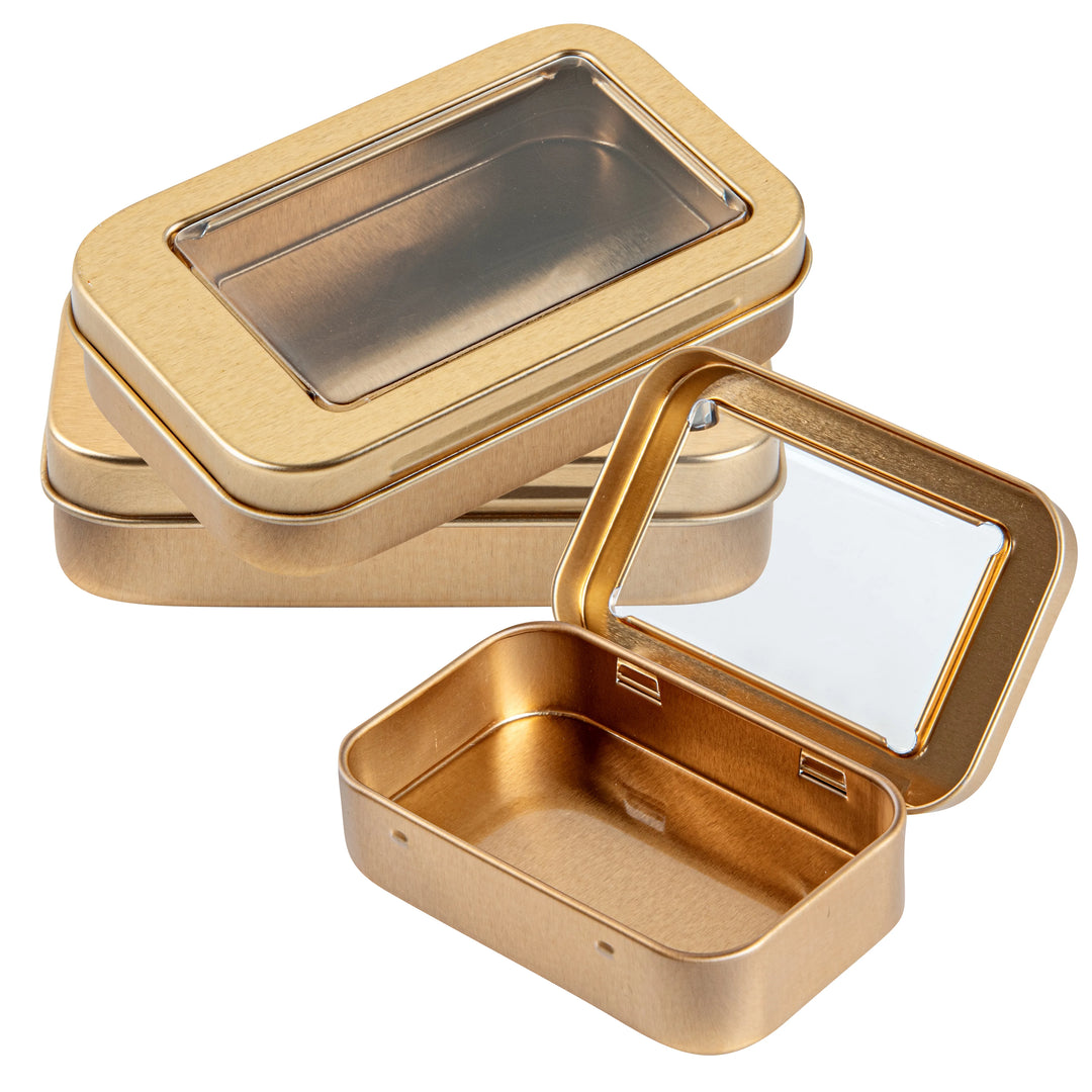 Restaurantware RW Base 4oz Tin Containers, Gold, Rectangular, with Window Lid - Restaurant Equipment and Smallwares - Canadian Distribution - Ships Free Within Canada on Orders Above CAD $199