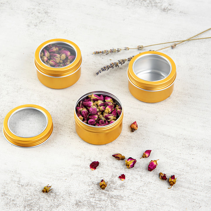 Restaurantware RW Base 4oz Tin Containers, Gold, Round, with Window Lid - Restaurant Equipment and Smallwares - Canadian Distribution - Ships Free Within Canada on Orders Above CAD $199