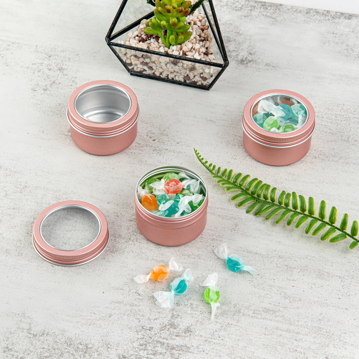 Restaurantware RW Base 4oz Tin Containers, Rose Gold, Round, with Window Lid - Restaurant Equipment and Smallwares - Canadian Distribution - Ships Free Within Canada on Orders Above CAD $199