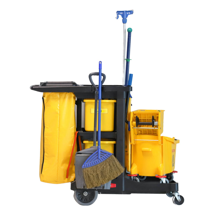Restaurantware Rw Clean Black Plastic Janitor Cart, 44.25X20X37.75In, Heavy-Duty, 3-Shelf/20Gal Nylon Bag/Hinged Lid - Restaurant Equipment and Smallwares - Canadian Distribution - Ships Free Within Canada on Orders Above CAD $199