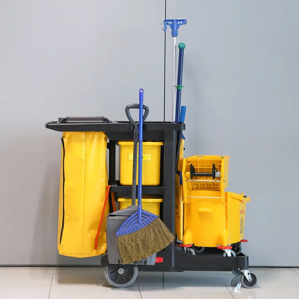 Restaurantware Rw Clean Black Plastic Janitor Cart, 44.25X20X37.75In, Heavy-Duty, 3-Shelf/20Gal Nylon Bag/Hinged Lid - Restaurant Equipment and Smallwares - Canadian Distribution - Ships Free Within Canada on Orders Above CAD $199