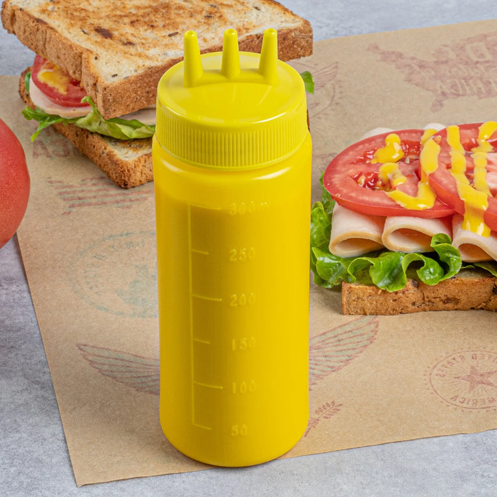 Restaurantware 12oz Yellow Plastic Mustard Squeeze Bottles, With Triple Dispersion Tip - Restaurant Equipment and Smallwares - Canadian Distribution - Ships Free Within Canada on Orders Above CAD $199