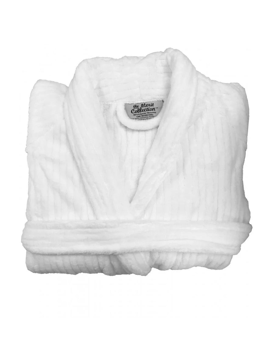 Merit Collection White Polyester Plush Fleece Unisex Bathrobes, Shawl Collar, Satin Stripe - Restaurant Equipment and Smallwares - Canadian Distribution