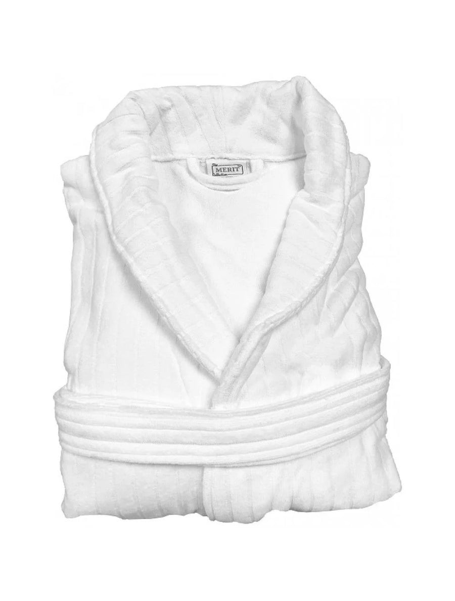 Merit Collection White Cotton Velour Unisex Bathrobes, Double Loop, Shawl Collar, With Satin Stripe - Restaurant Equipment and Smallwares - Canadian Distribution