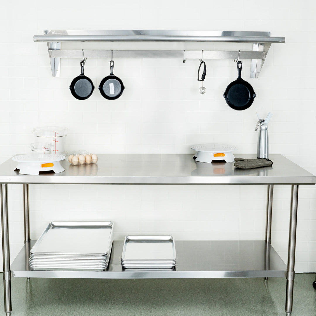 Restaurantware 15 x 60In Wall Mounted Pot Rack, Stainless Steel, 18 Hook, with Shelf - Restaurant Equipment and Smallwares - Canadian Distribution - Ships Free Within Canada on Orders Above CAD $199