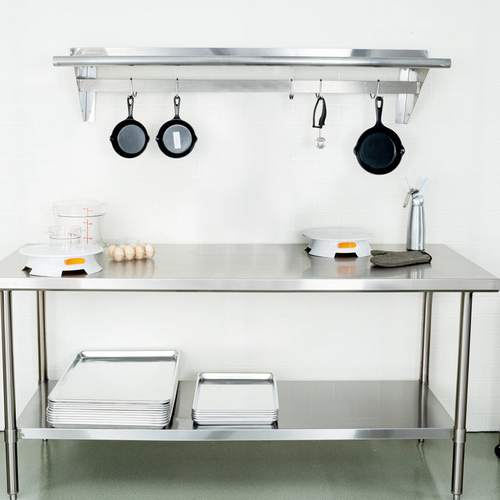 Restaurantware 15 x 60In Wall Mounted Pot Rack, Stainless Steel, 18 Hook, with Shelf - Restaurant Equipment and Smallwares - Canadian Distribution - Ships Free Within Canada on Orders Above CAD $199