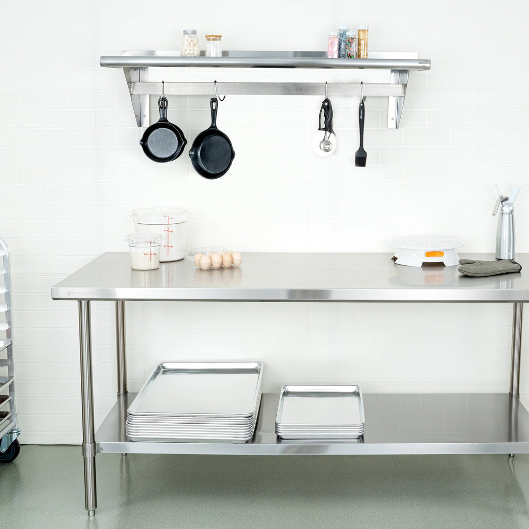 Restaurantware 15 x 48In Wall Mounted Pot Rack, Stainless Steel, 18 Hook, with Shelf - Restaurant Equipment and Smallwares - Canadian Distribution - Ships Free Within Canada on Orders Above CAD $199