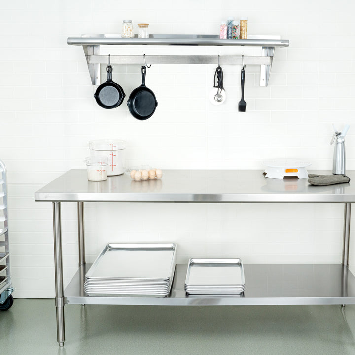 Restaurantware 15 x 48In Wall Mounted Pot Rack, Stainless Steel, 18 Hook, with Shelf - Restaurant Equipment and Smallwares - Canadian Distribution - Ships Free Within Canada on Orders Above CAD $199