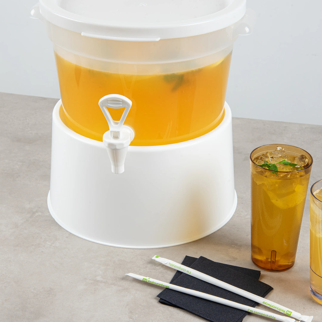 Restaurantware Bev Tek Round Beverage Dispenser Base, White, Plastic, 10.50 x 10.50 x 6.50 Inch, for 3 & 6 Gallon Beverage Dispensers - Restaurant Equipment and Smallwares - Canadian Distribution - Ships Free Within Canada on Orders Above CAD $199