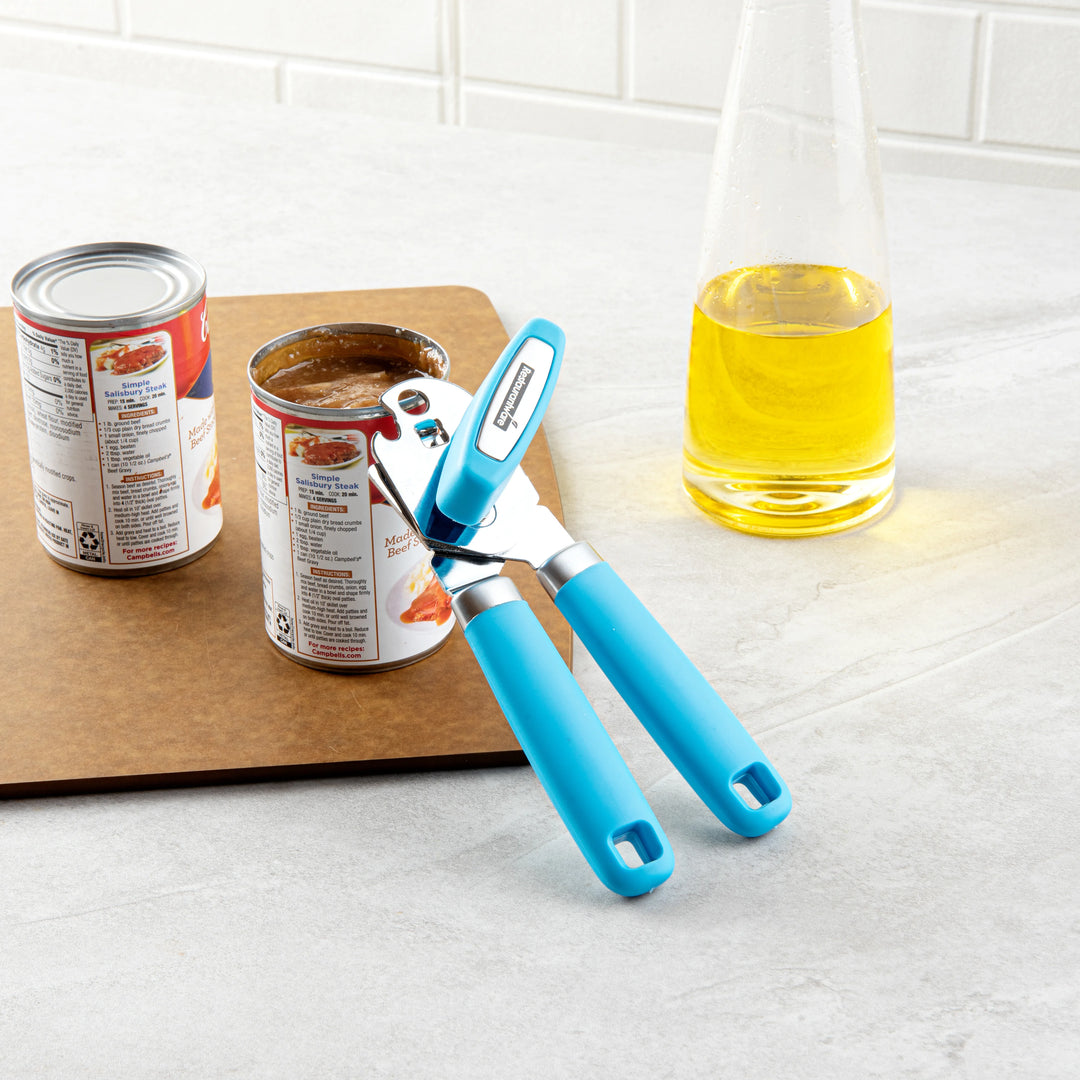Restaurantware Comfy Grip Stainless Steel Manual Can Opener, Blue, 7.75 x 2 x 2In - Restaurant Equipment and Smallwares - Canadian Distribution - Ships Free Within Canada on Orders Above CAD $199