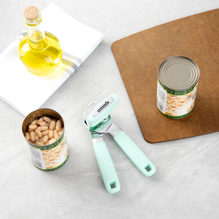 Restaurantware Comfy Grip Stainless Steel Manual Can Opener, Mint Green, 7.75 x 2 x 2.25In - Restaurant Equipment and Smallwares - Canadian Distribution - Ships Free Within Canada on Orders Above CAD $199