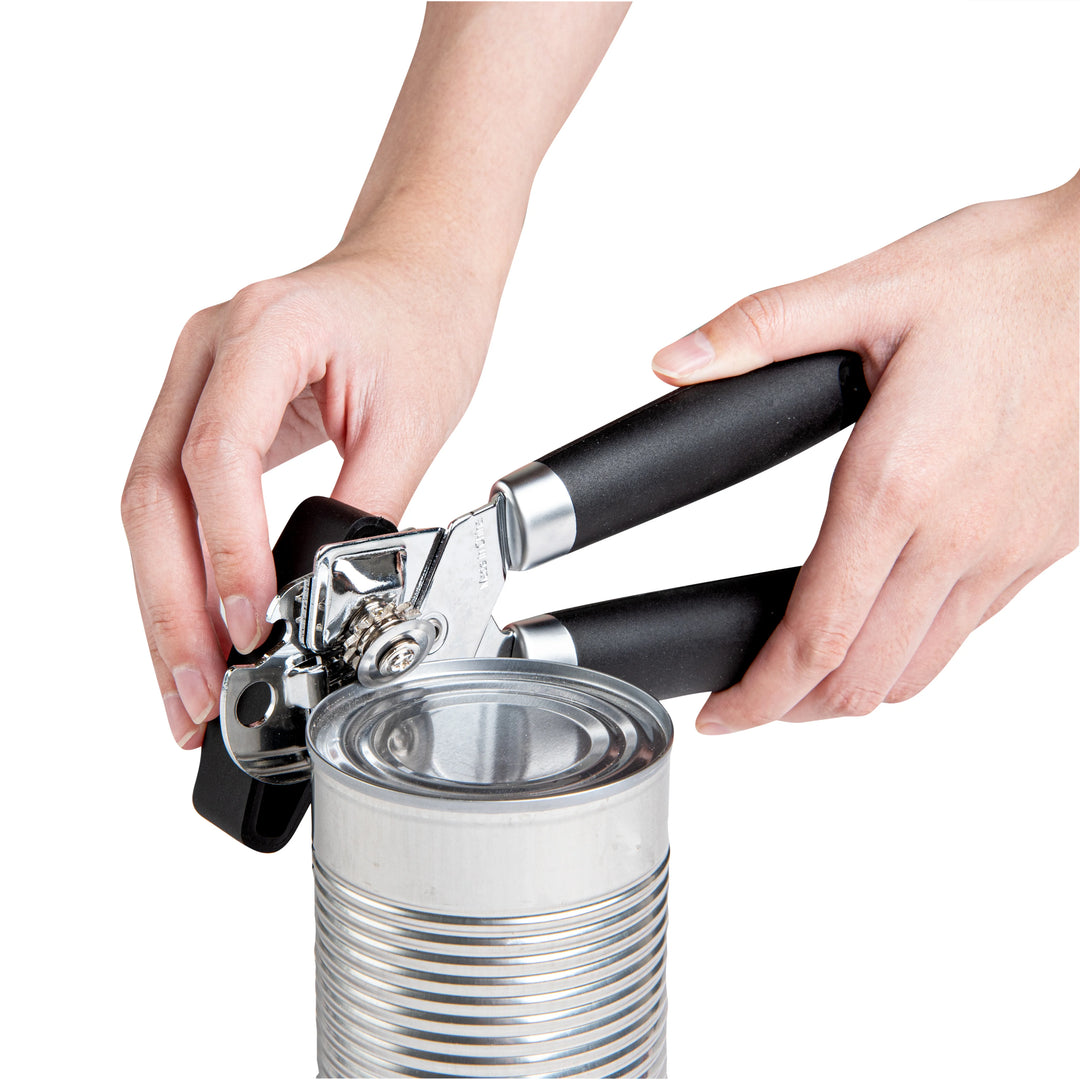 Restaurantware Comfy Grip Stainless Steel Manual Can Opener, Black, 7.75 x 2 x 2.25In - Restaurant Equipment and Smallwares - Canadian Distribution - Ships Free Within Canada on Orders Above CAD $199
