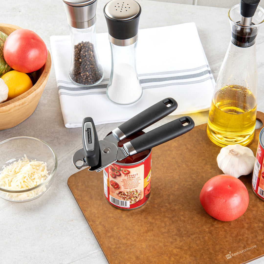 Restaurantware Comfy Grip Stainless Steel Manual Can Opener, Black, 7.75 x 2 x 2.25In - Restaurant Equipment and Smallwares - Canadian Distribution - Ships Free Within Canada on Orders Above CAD $199