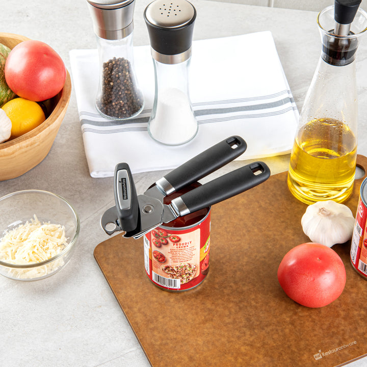 Restaurantware Comfy Grip Stainless Steel Manual Can Opener, Black, 7.75 x 2 x 2.25In - Restaurant Equipment and Smallwares - Canadian Distribution - Ships Free Within Canada on Orders Above CAD $199
