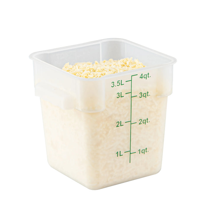 Restaurantware Met Lux 4 Quart Square Food Storage Containers, Translucent, 7 x 7 x 7.50 Inch, with Green Volume Markers - Restaurant Equipment and Smallwares - Canadian Distribution - Ships Free Within Canada on Orders Above CAD $199