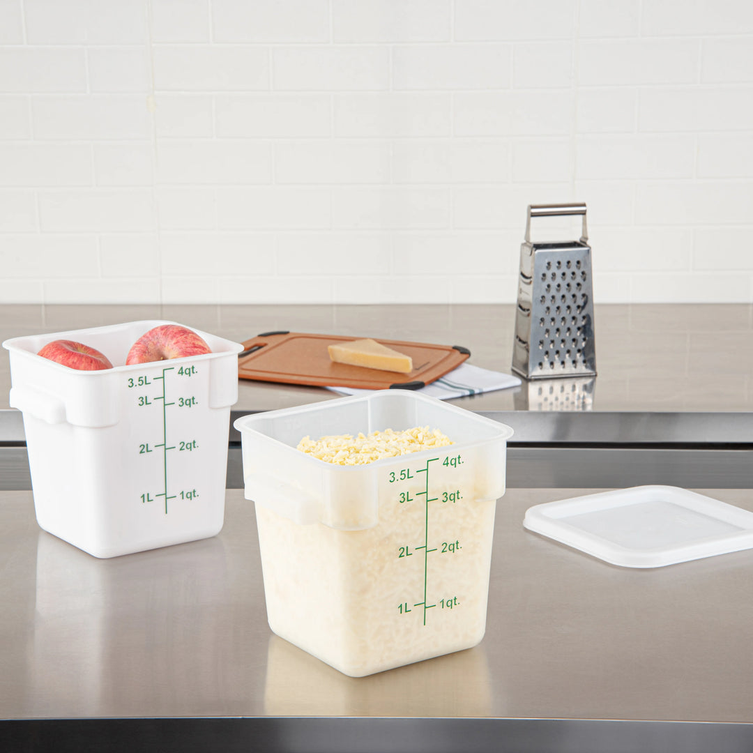 Restaurantware Met Lux 4 Quart Square Food Storage Containers, Translucent, 7 x 7 x 7.50 Inch, with Green Volume Markers - Restaurant Equipment and Smallwares - Canadian Distribution - Ships Free Within Canada on Orders Above CAD $199