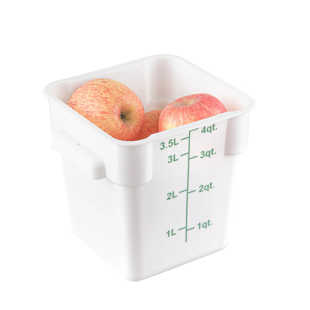 Restaurantware Met Lux 4 Quart Square Food Storage Containers, White, 7 x 7 x 7.50 Inch, with Green Volume Markers - Restaurant Equipment and Smallwares - Canadian Distribution - Ships Free Within Canada on Orders Above CAD $199