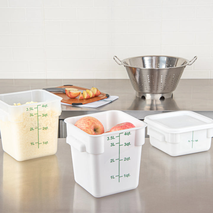 Restaurantware Met Lux 4 Quart Square Food Storage Containers, White, 7 x 7 x 7.50 Inch, with Green Volume Markers - Restaurant Equipment and Smallwares - Canadian Distribution - Ships Free Within Canada on Orders Above CAD $199