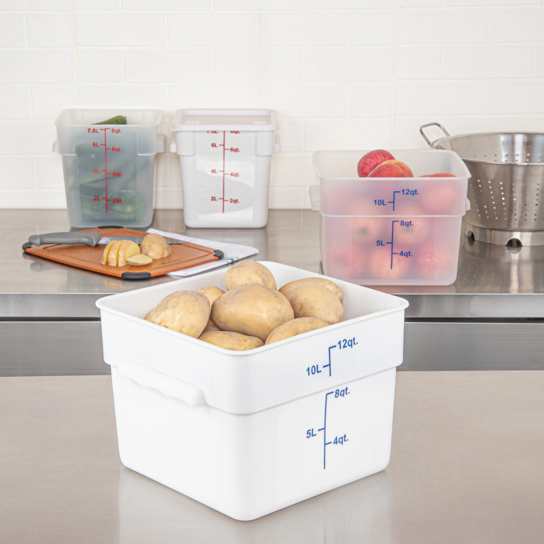 Restaurantware Met Lux 12 Quart Square Food Storage Containers, White, 11 x 11 x 8 Inch, with Blue Volume Markers - Restaurant Equipment and Smallwares - Canadian Distribution - Ships Free Within Canada on Orders Above CAD $199