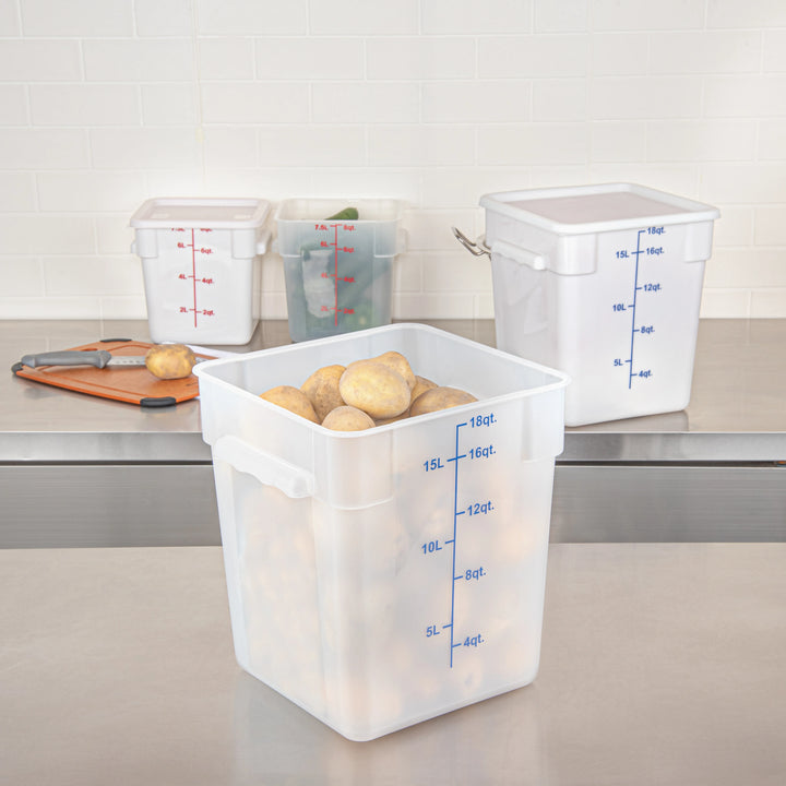 Restaurantware Met Lux 18 Quart Square Food Storage Containers, Translucent, 11 x 11 x 12.50 Inch, with Blue Volume Markers - Restaurant Equipment and Smallwares - Canadian Distribution - Ships Free Within Canada on Orders Above CAD $199