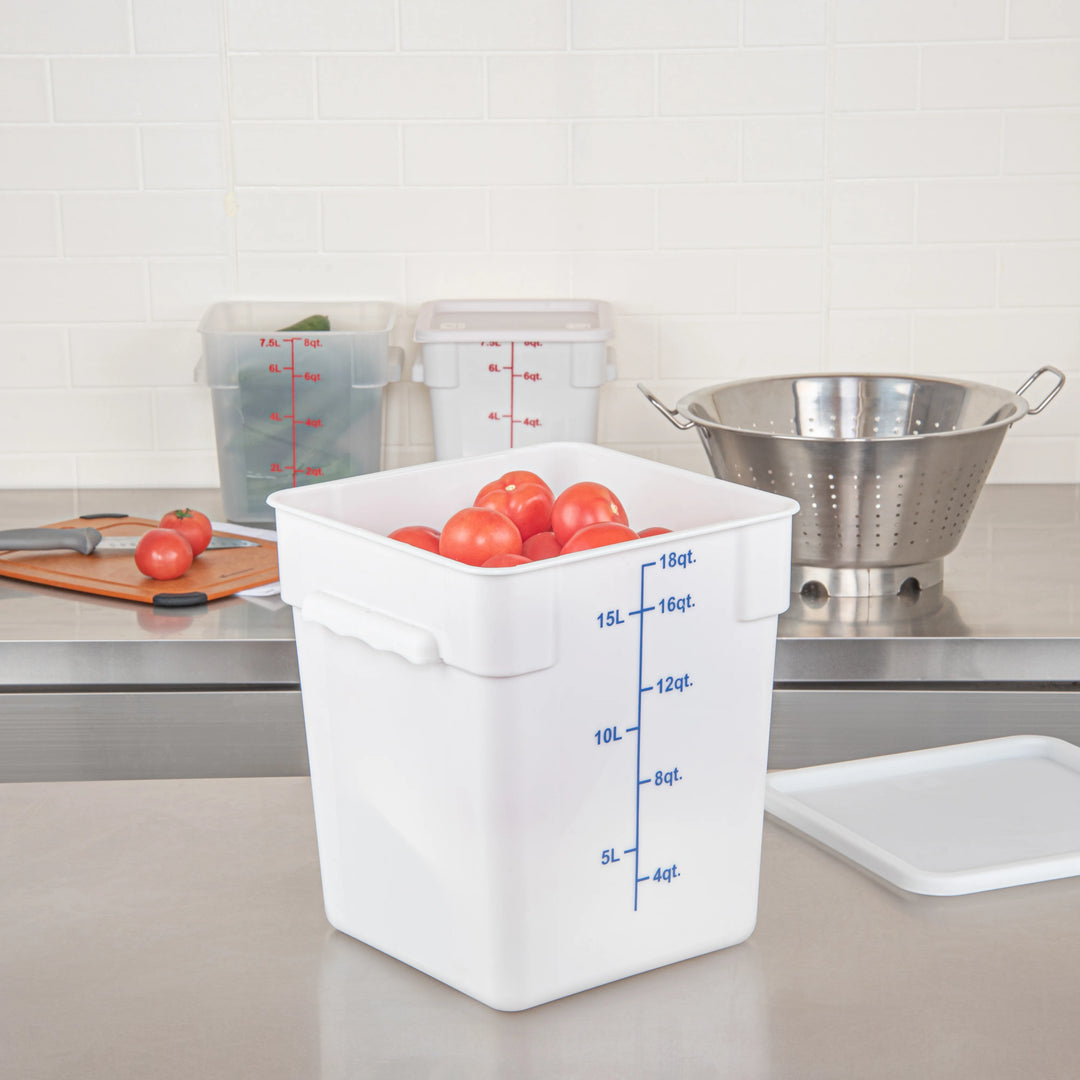 Restaurantware Met Lux 18 Quart Square Food Storage Containers, White, 11 x 11 x 12.50 Inch, with Blue Volume Markers - Restaurant Equipment and Smallwares - Canadian Distribution - Ships Free Within Canada on Orders Above CAD $199