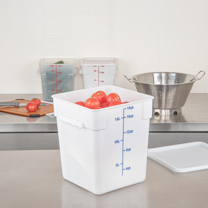 Restaurantware Met Lux 18 Quart Square Food Storage Containers, White, 11 x 11 x 12.50 Inch, with Blue Volume Markers - Restaurant Equipment and Smallwares - Canadian Distribution - Ships Free Within Canada on Orders Above CAD $199