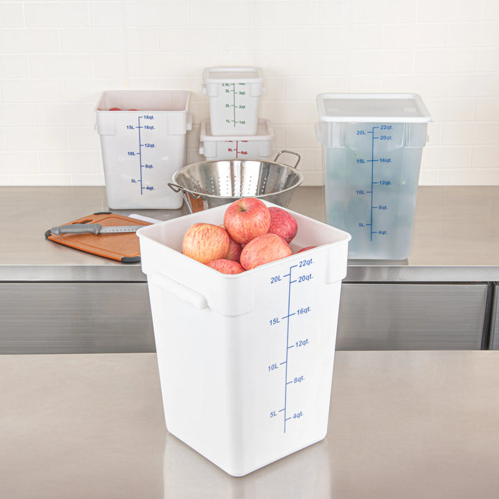 Restaurantware Met Lux 22 Quart Square Food Storage Containers, White, 11 x 11 x 15.50 Inch, with Blue Volume Markers - Restaurant Equipment and Smallwares - Canadian Distribution - Ships Free Within Canada on Orders Above CAD $199