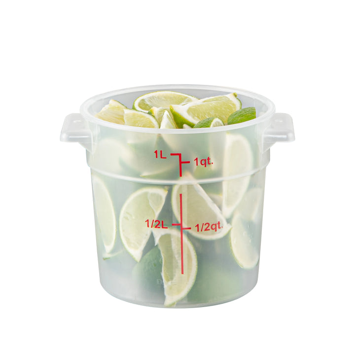 Restaurantware Met Lux 1 Quart Round Food Storage Containers, Translucent, 5 x 5 x 5 Inch, with Red Volume Markers - Restaurant Equipment and Smallwares - Canadian Distribution - Ships Free Within Canada on Orders Above CAD $199