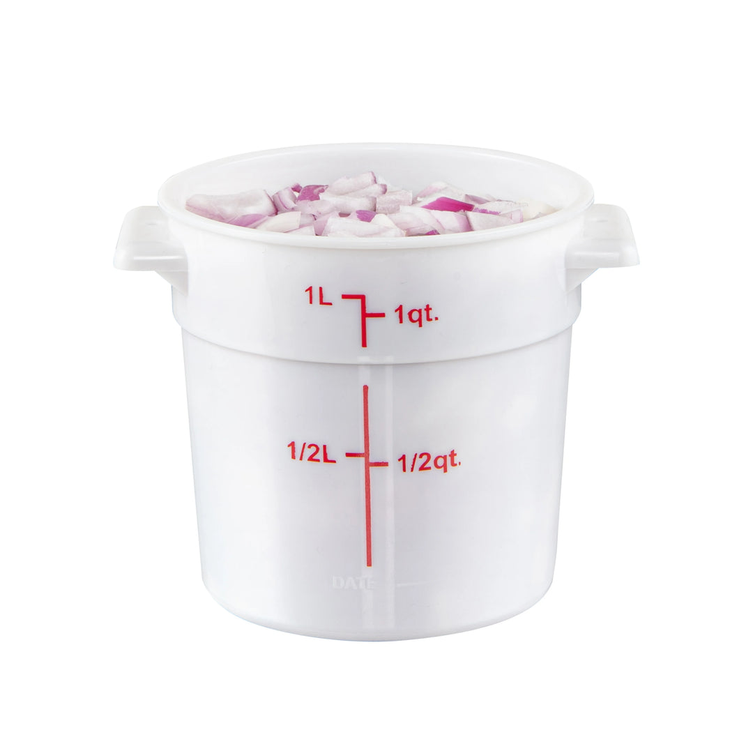 Restaurantware Met Lux 1 Quart Round Food Storage Containers, White, 5 x 5 x 5 Inch, with Red Volume Markers - Restaurant Equipment and Smallwares - Canadian Distribution - Ships Free Within Canada on Orders Above CAD $199