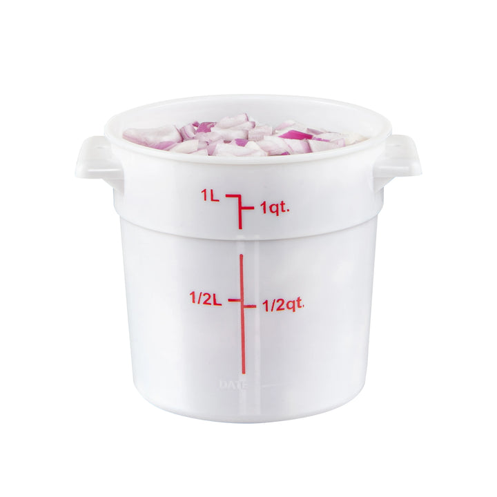 Restaurantware Met Lux 1 Quart Round Food Storage Containers, White, 5 x 5 x 5 Inch, with Red Volume Markers - Restaurant Equipment and Smallwares - Canadian Distribution - Ships Free Within Canada on Orders Above CAD $199