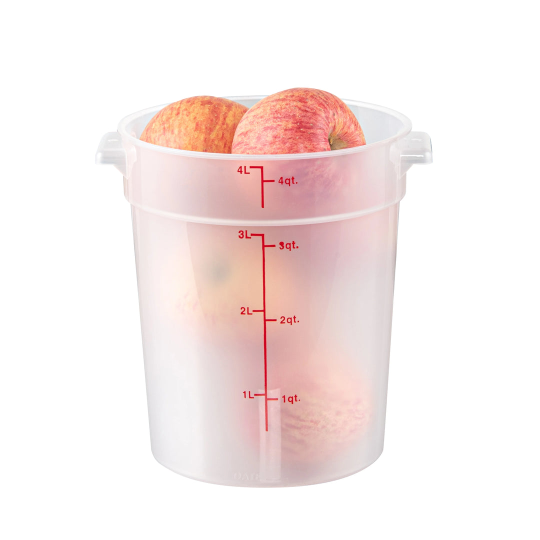 Restaurantware Met Lux 4 Quart Round Food Storage Containers, Translucent, 7.25 x 7.25 x 8.50 Inch, with Red Volume Markers - Restaurant Equipment and Smallwares - Canadian Distribution - Ships Free Within Canada on Orders Above CAD $199