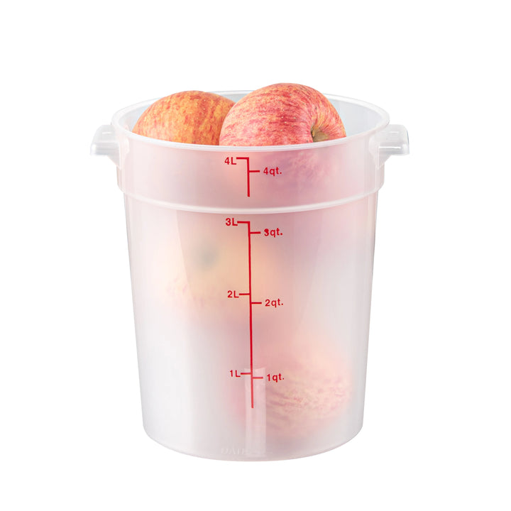 Restaurantware Met Lux 4 Quart Round Food Storage Containers, Translucent, 7.25 x 7.25 x 8.50 Inch, with Red Volume Markers - Restaurant Equipment and Smallwares - Canadian Distribution - Ships Free Within Canada on Orders Above CAD $199