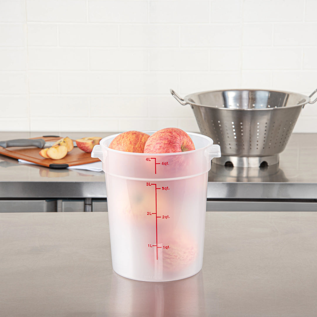 Restaurantware Met Lux 4 Quart Round Food Storage Containers, Translucent, 7.25 x 7.25 x 8.50 Inch, with Red Volume Markers - Restaurant Equipment and Smallwares - Canadian Distribution - Ships Free Within Canada on Orders Above CAD $199