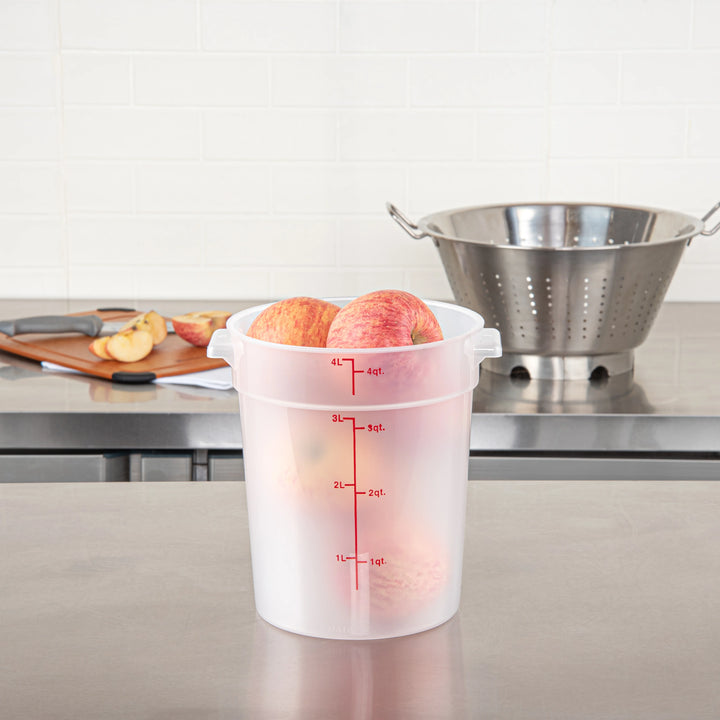 Restaurantware Met Lux 4 Quart Round Food Storage Containers, Translucent, 7.25 x 7.25 x 8.50 Inch, with Red Volume Markers - Restaurant Equipment and Smallwares - Canadian Distribution - Ships Free Within Canada on Orders Above CAD $199
