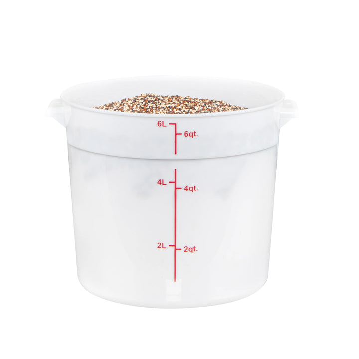 Restaurantware Met Lux 6 Quart Round Food Storage Containers, White, 8.75 x 8.75 x 7.75 Inch, with Red Volume Markers - Restaurant Equipment and Smallwares - Canadian Distribution - Ships Free Within Canada on Orders Above CAD $199