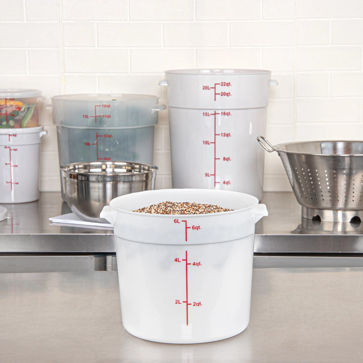 Restaurantware Met Lux 6 Quart Round Food Storage Containers, White, 8.75 x 8.75 x 7.75 Inch, with Red Volume Markers - Restaurant Equipment and Smallwares - Canadian Distribution - Ships Free Within Canada on Orders Above CAD $199