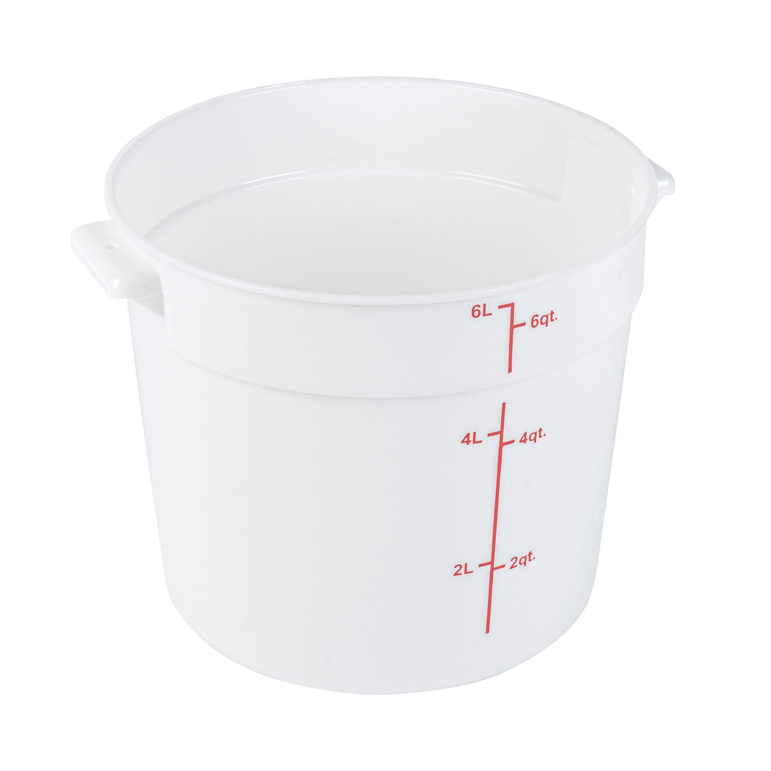 Restaurantware Met Lux 6 Quart Round Food Storage Containers, White, 8.75 x 8.75 x 7.75 Inch, with Red Volume Markers - Restaurant Equipment and Smallwares - Canadian Distribution
