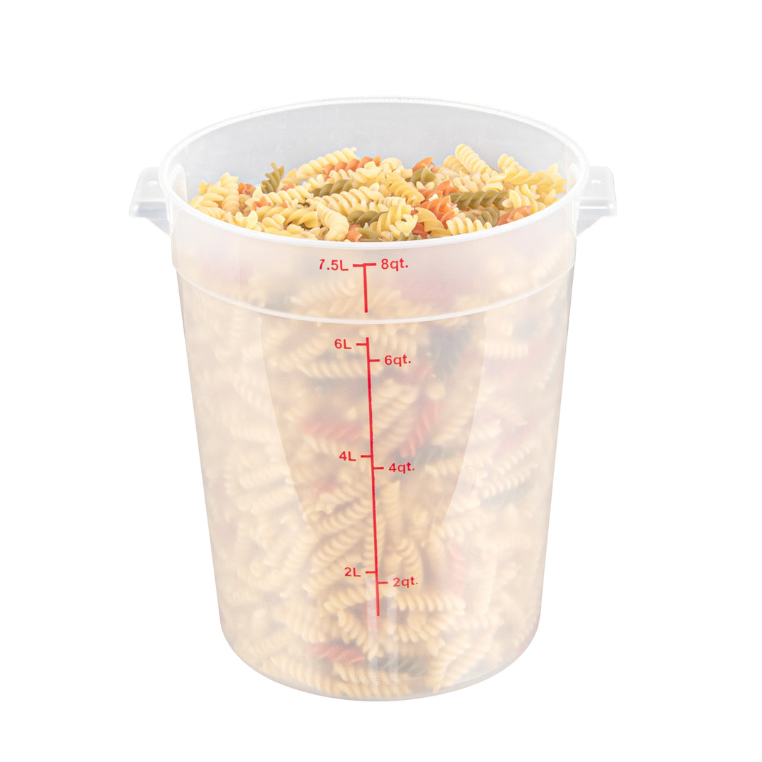 Restaurantware Met Lux 8 Quart Round Food Storage Containers, Translucent, 8.75 x 8.75 x 10.75 Inch, with Red Volume Markers - Restaurant Equipment and Smallwares - Canadian Distribution - Ships Free Within Canada on Orders Above CAD $199