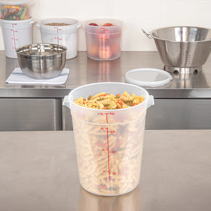 Restaurantware Met Lux 8 Quart Round Food Storage Containers, Translucent, 8.75 x 8.75 x 10.75 Inch, with Red Volume Markers - Restaurant Equipment and Smallwares - Canadian Distribution - Ships Free Within Canada on Orders Above CAD $199