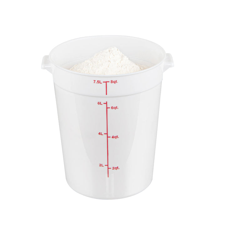 Restaurantware Met Lux 8 Quart Round Food Storage Containers, White, 8.75 x 8.75 x 10.75 Inch, with Red Volume Markers - Restaurant Equipment and Smallwares - Canadian Distribution - Ships Free Within Canada on Orders Above CAD $199