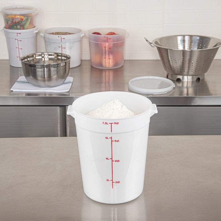 Restaurantware Met Lux 8 Quart Round Food Storage Containers, White, 8.75 x 8.75 x 10.75 Inch, with Red Volume Markers - Restaurant Equipment and Smallwares - Canadian Distribution - Ships Free Within Canada on Orders Above CAD $199