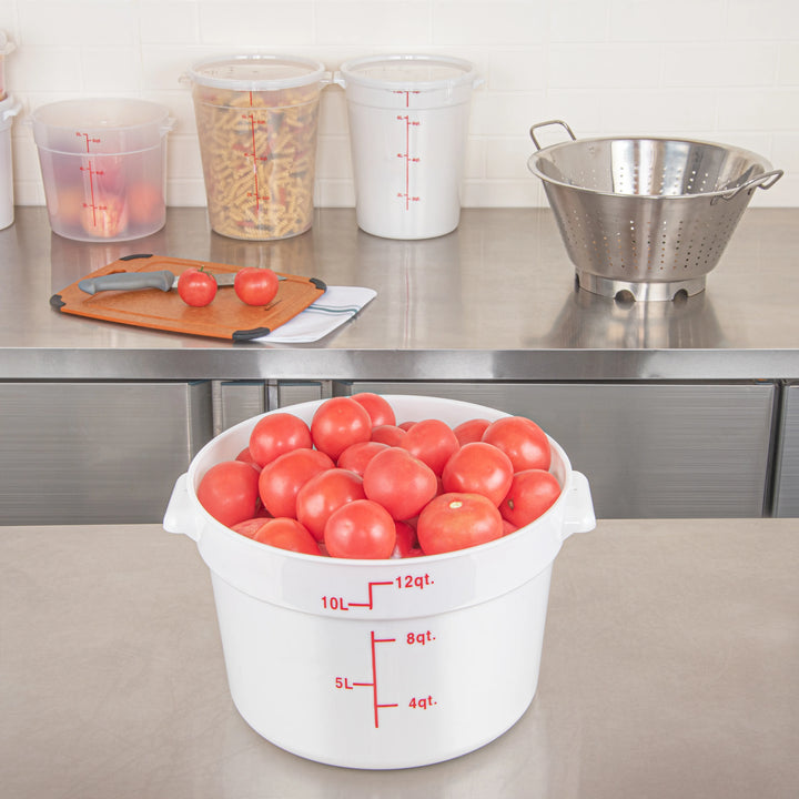 Restaurantware Met Lux 12 Quart Round Food Storage Containers, White, 12.25 x 12.25 x 8 Inch, with Red Volume Markers - Restaurant Equipment and Smallwares - Canadian Distribution - Ships Free Within Canada on Orders Above CAD $199