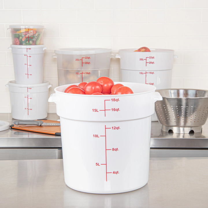 Restaurantware Met Lux 18 Quart Round Food Storage Containers, White, 12.25 x 12.25 x 12 Inch, with Red Volume Markers - Restaurant Equipment and Smallwares - Canadian Distribution - Ships Free Within Canada on Orders Above CAD $199