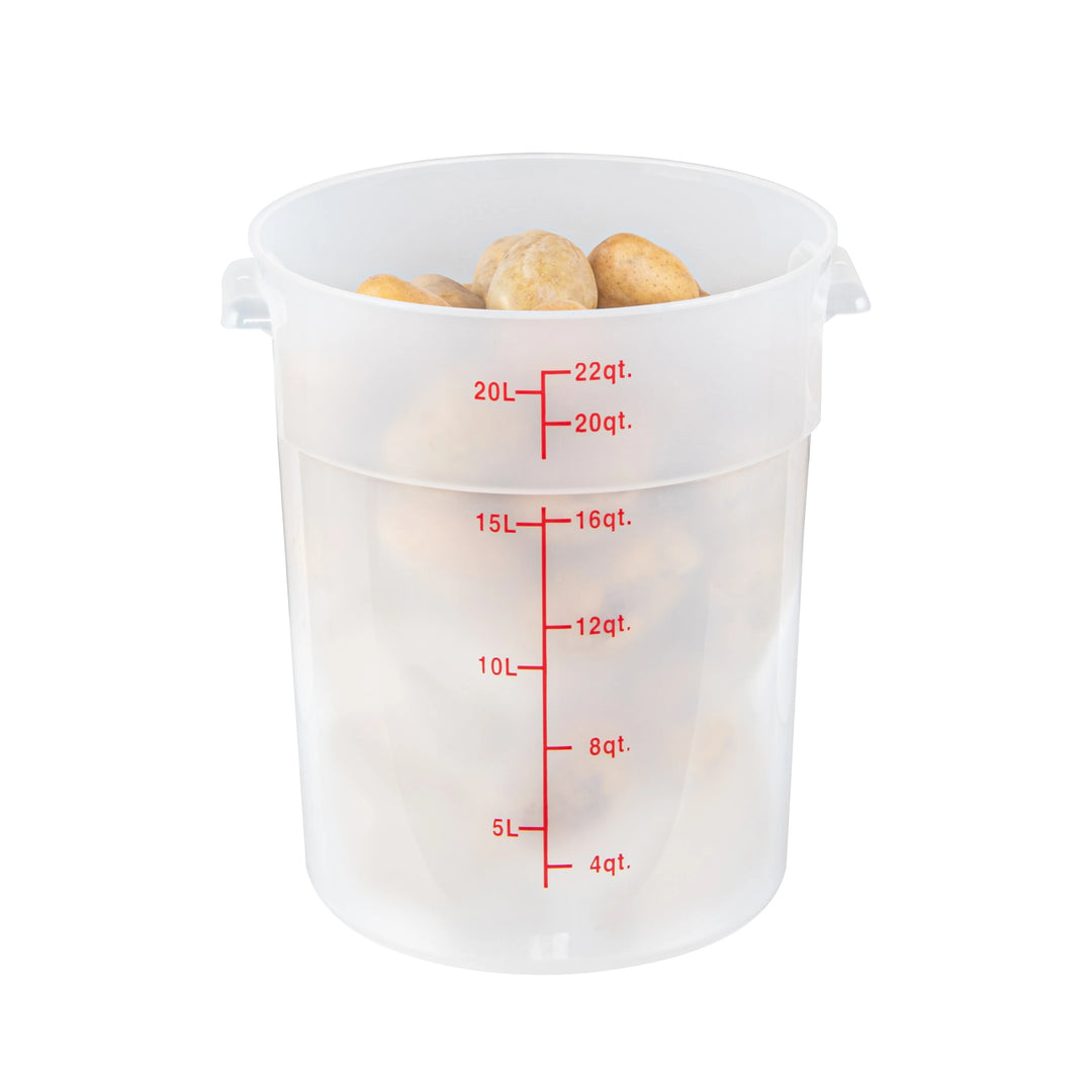 Restaurantware Met Lux 22 Quart Round Food Storage Containers, Translucent, 12.25 x 12.25 x 15 Inch, with Red Volume Markers - Restaurant Equipment and Smallwares - Canadian Distribution - Ships Free Within Canada on Orders Above CAD $199